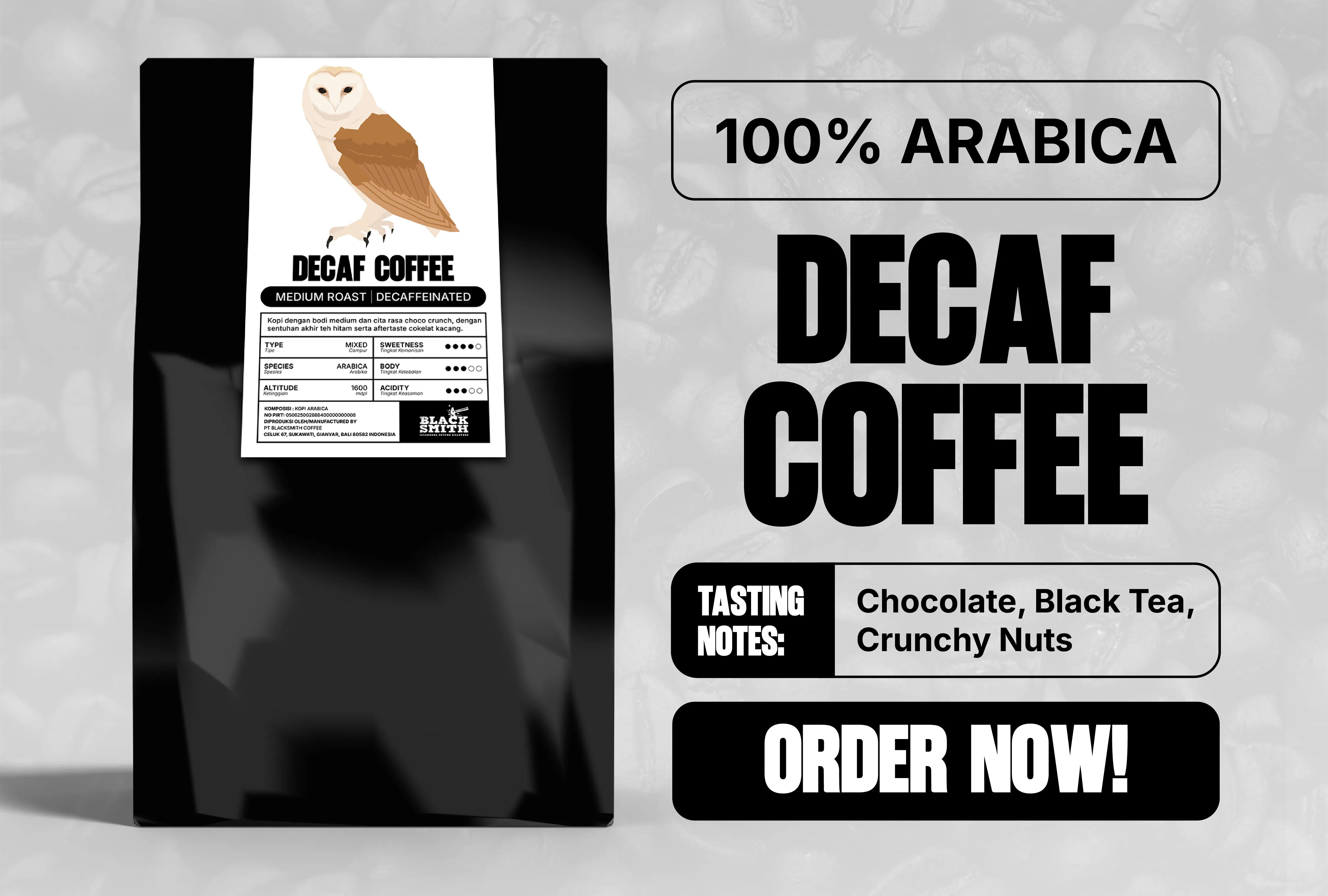 Blacksmith Decaf Coffee package with an owl label