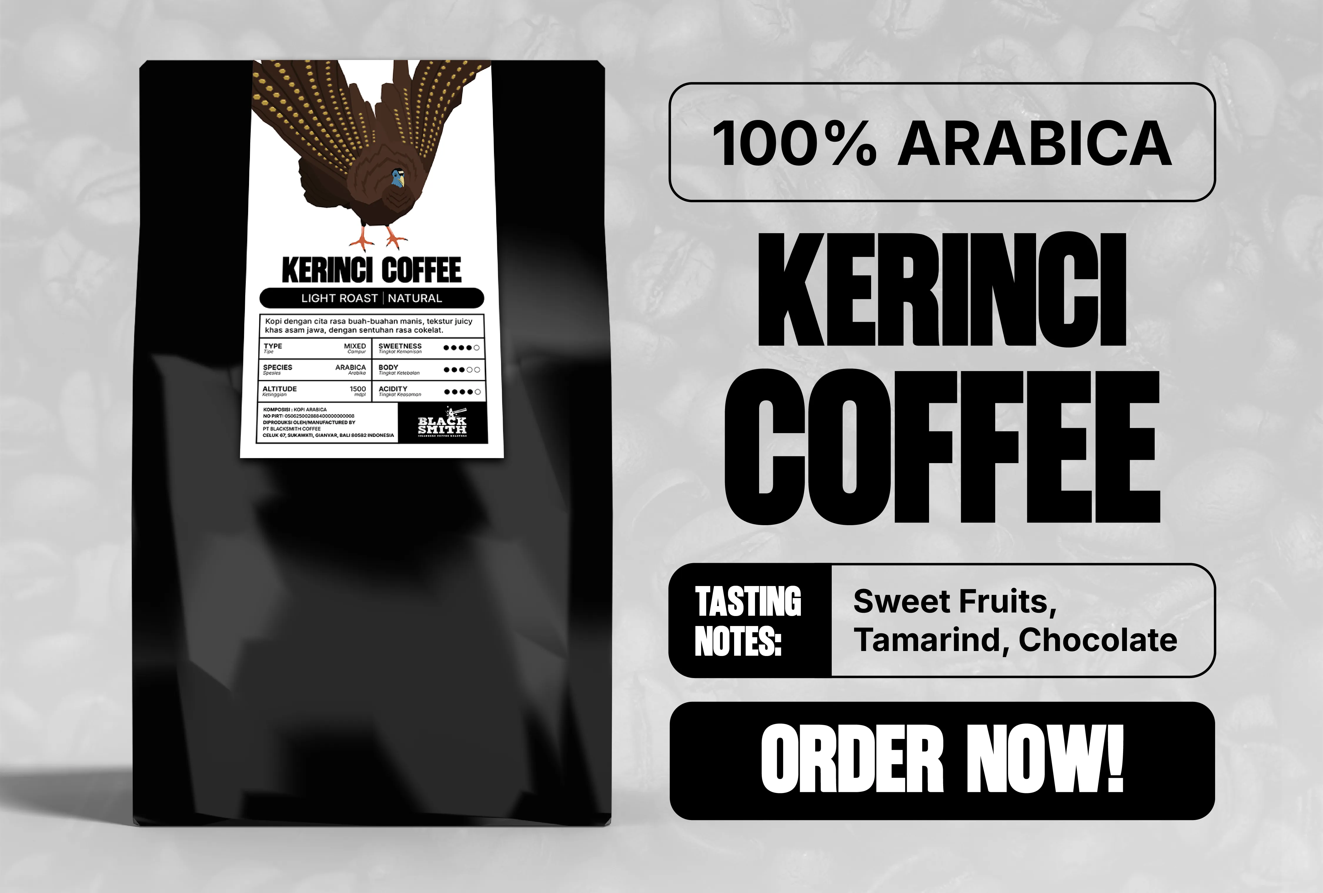 Blacksmith Kerinci Coffee package with a bird illustration
