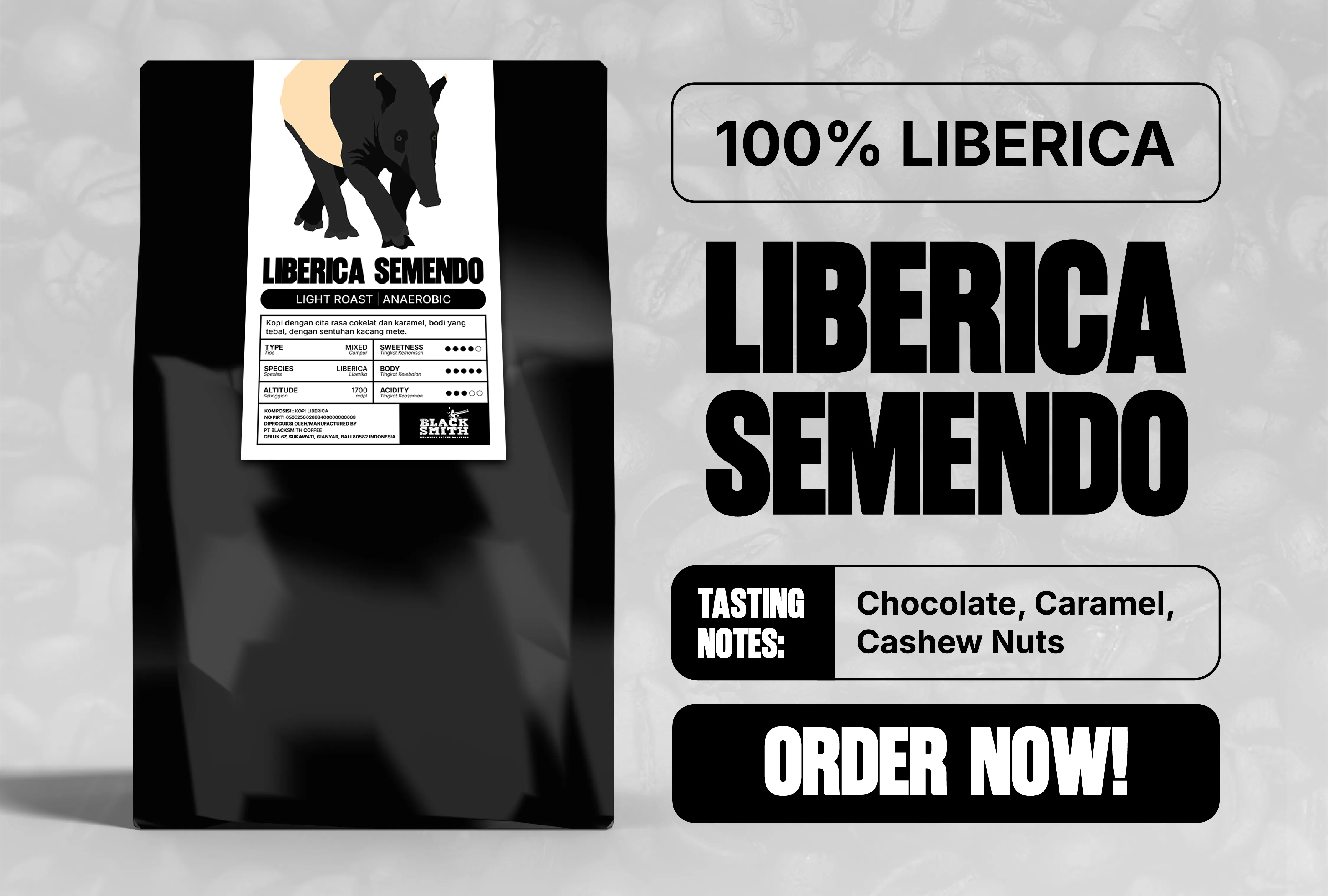 Blacksmith Liberica Semendo coffee package with a tapir illustration