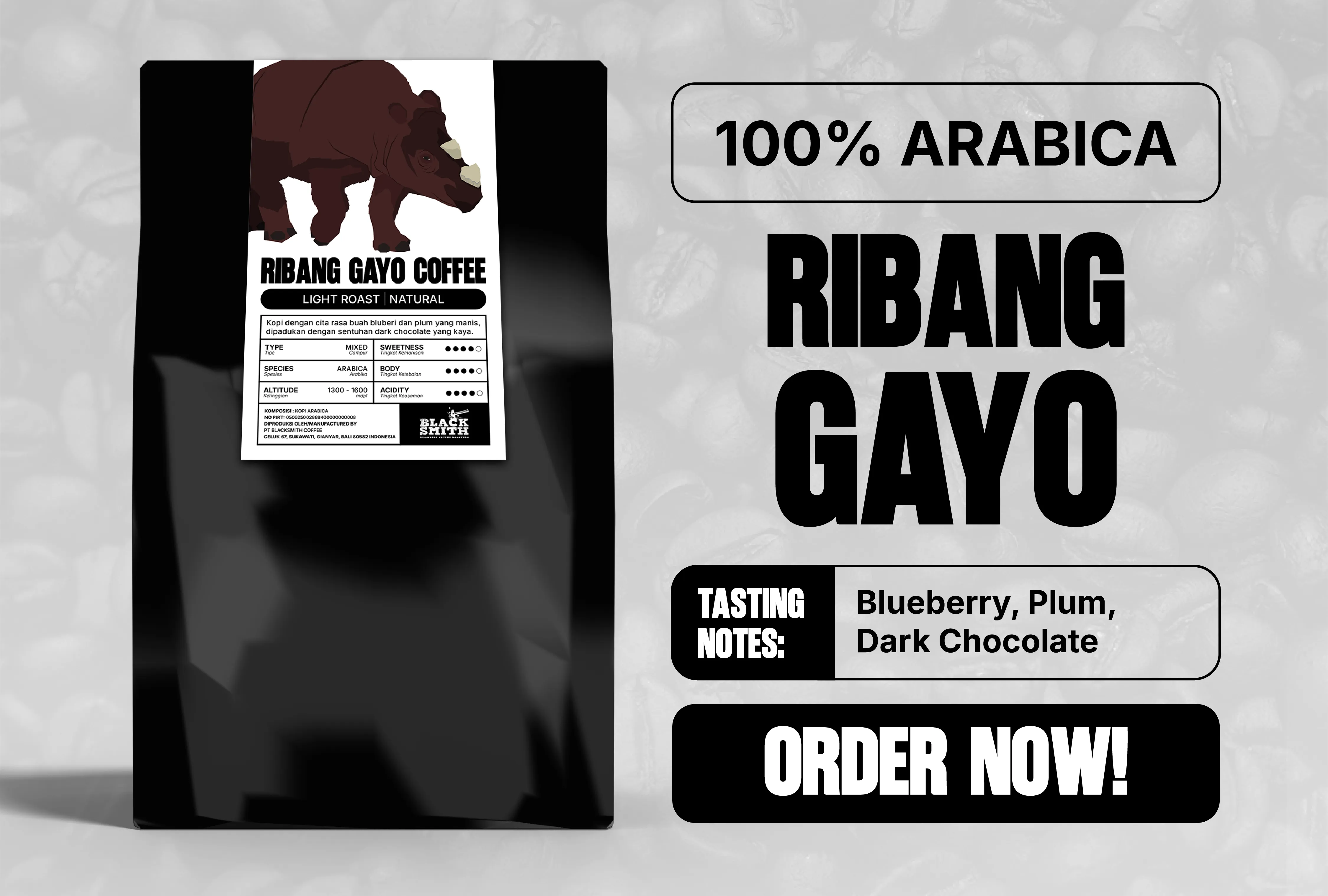 Blacksmith Ribang Gayo coffee package with a rhinoceros illustration